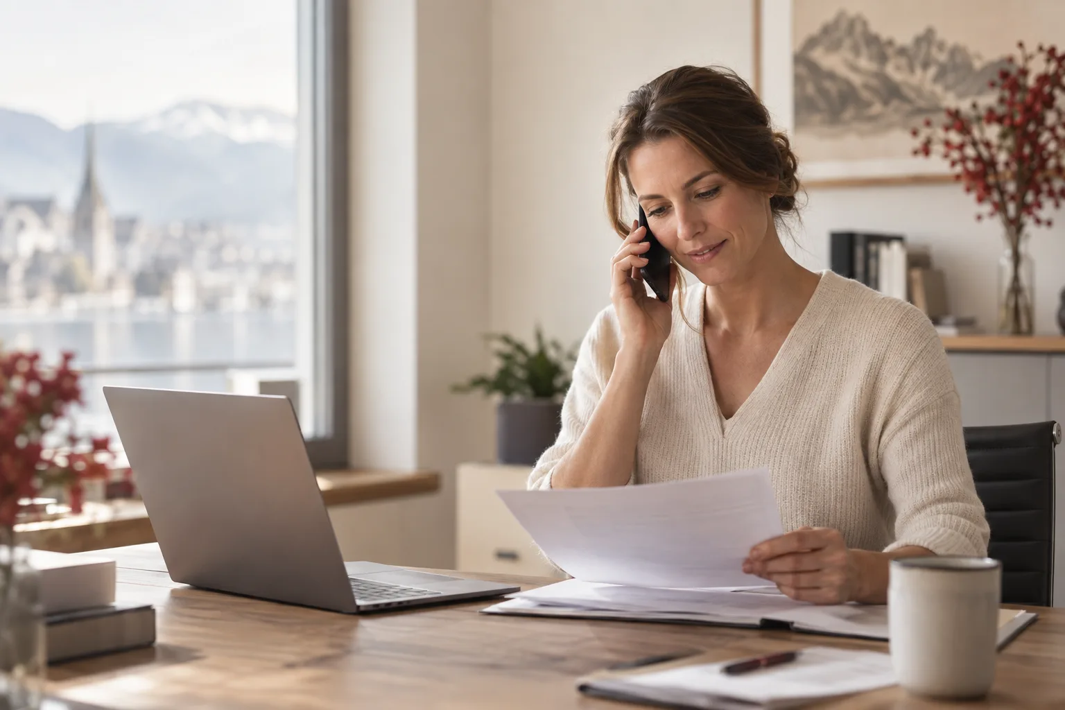 Une conseillère répond au téléphone en consultant des documents
