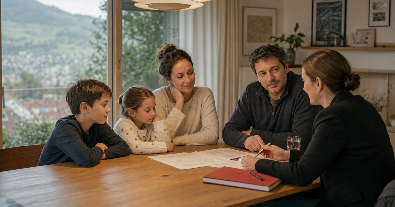 Une famille échange avec une conseillère autour de ses assurances